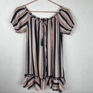 Olivaceous Short Sleeve Off the Shoulder Striped Tassel Pom Pom Tunic Top